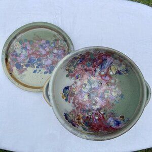 Tom Chamberlain Stoneware Colander & Plate Swirled Splattered Studio Art Pottery